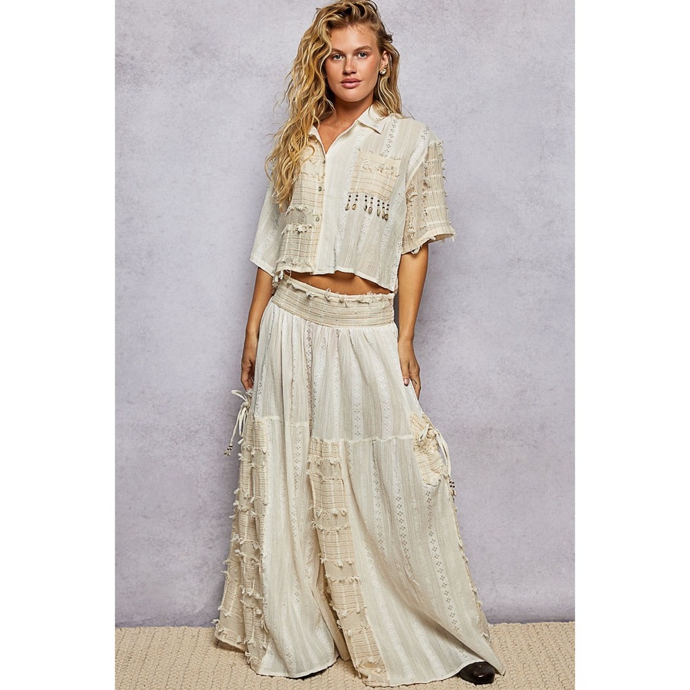 POL Womens Bohemian Wide Leg Cotton Pants Ivory Textured Shell Trim New Medium